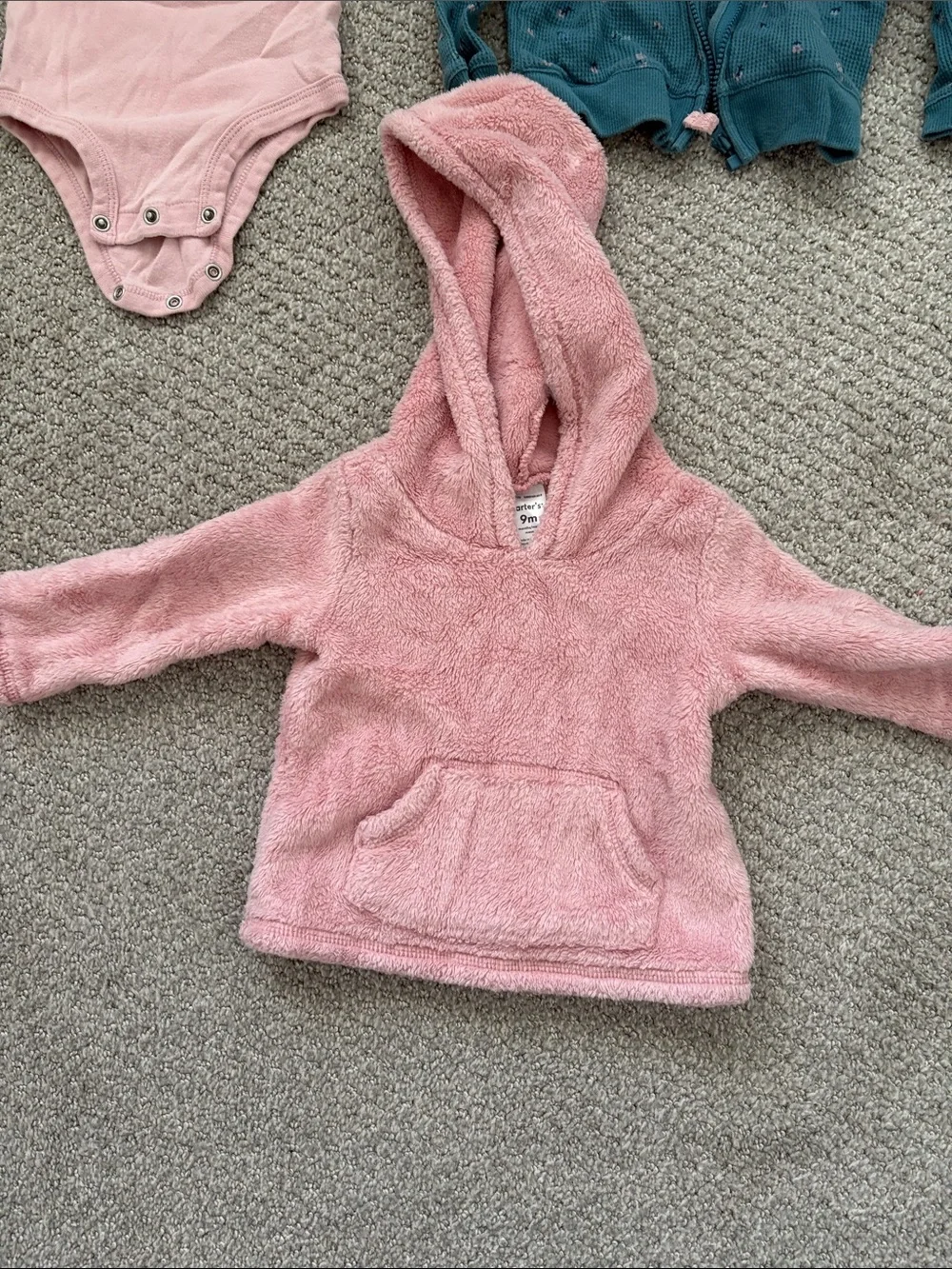 Carter's Pink Floral Bodysuit with Teal Zip Hoodie & Soft Pink Plush Pullover - Picture 5 of 5